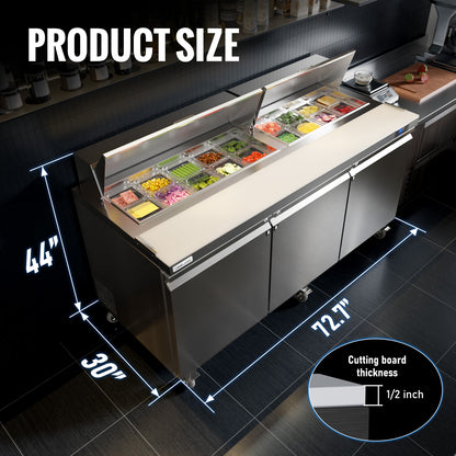 Coolake 72.7'' W 3 Door Commercial Refrigerator Sandwich Salad Prep Table, Stainless Steel 22 Cu.ft Counter Fan Cooling Refrigerator with 18 GN 1/6 Pans