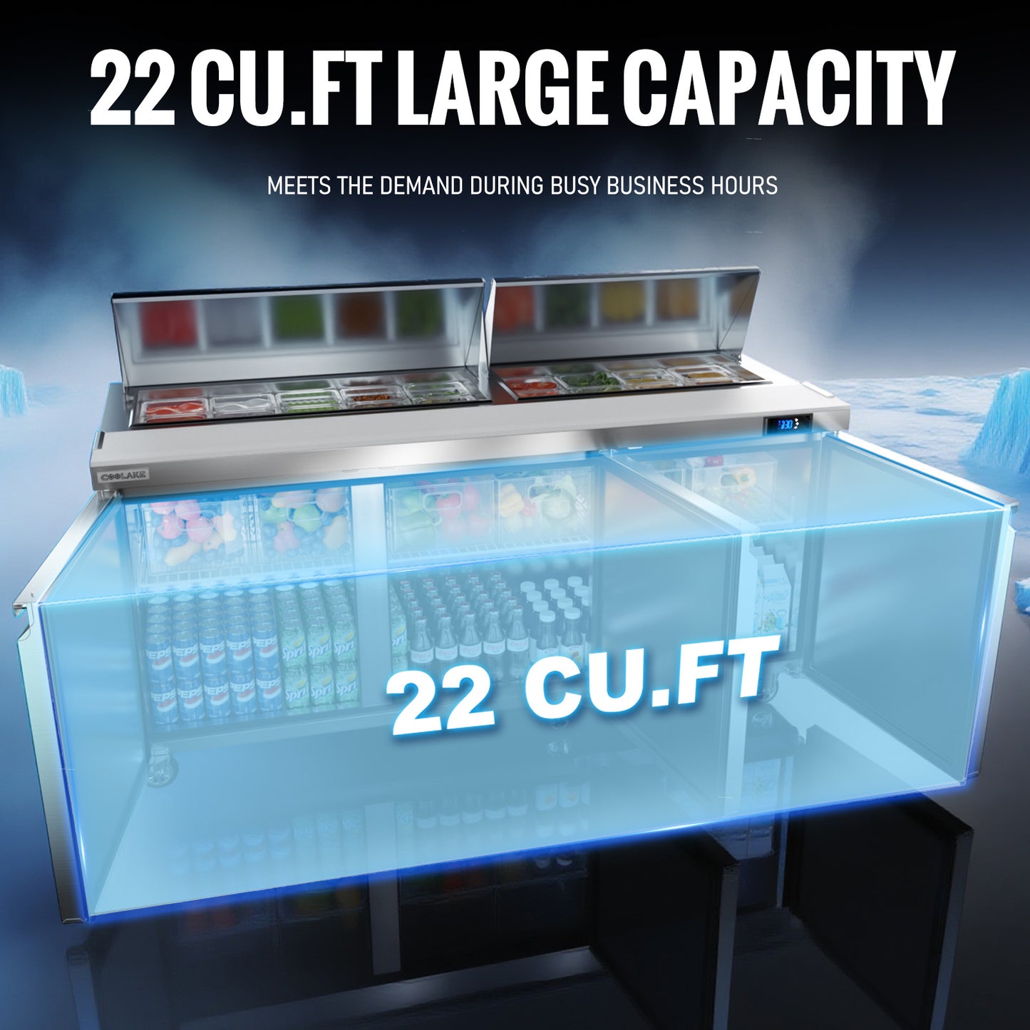 Coolake 72.7'' W 3 Door Commercial Refrigerator Sandwich Salad Prep Table, Stainless Steel 22 Cu.ft Counter Fan Cooling Refrigerator with 18 GN 1/6 Pans