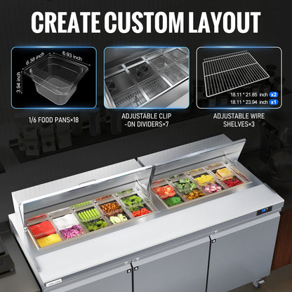 Coolake 72.7'' W 3 Door Commercial Refrigerator Sandwich Salad Prep Table, Stainless Steel 22 Cu.ft Counter Fan Cooling Refrigerator with 18 GN 1/6 Pans