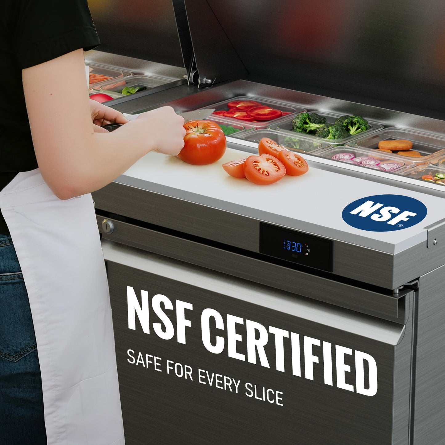 Coolake 72.7'' W 3 Door Commercial Refrigerator Sandwich Salad Prep Table, Stainless Steel 22 Cu.ft Counter Fan Cooling Refrigerator with 18 GN 1/6 Pans