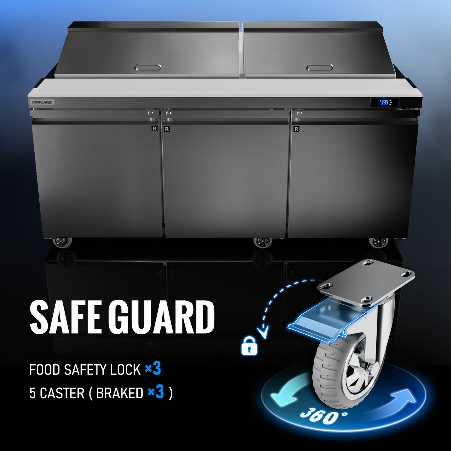 Coolake 72.7'' W 3 Door Commercial Refrigerator Sandwich Salad Prep Table, Stainless Steel 22 Cu.ft Counter Fan Cooling Refrigerator with 18 GN 1/6 Pans