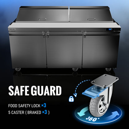 Coolake 72.7'' W 3 Door Commercial Refrigerator Sandwich Salad Prep Table, Stainless Steel 22 Cu.ft Counter Fan Cooling Refrigerator with 18 GN 1/6 Pans