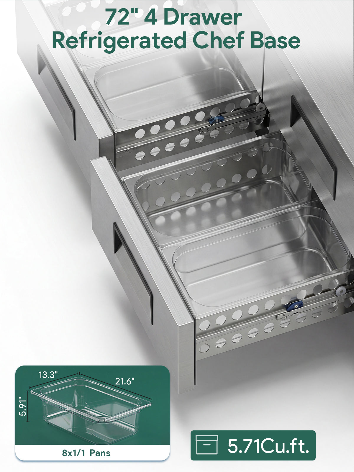 Coolski 72 in. 5.71 cu. ft. Commercial Chef Base Refrigerator with 4 Drawers in Stainless Steel