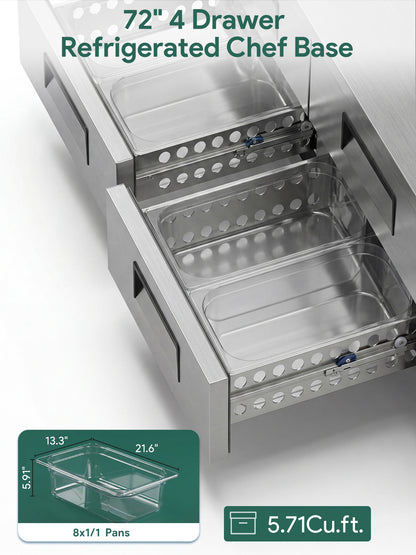 Coolski 72 in. 5.71 cu. ft. Commercial Chef Base Refrigerator with 4 Drawers in Stainless Steel