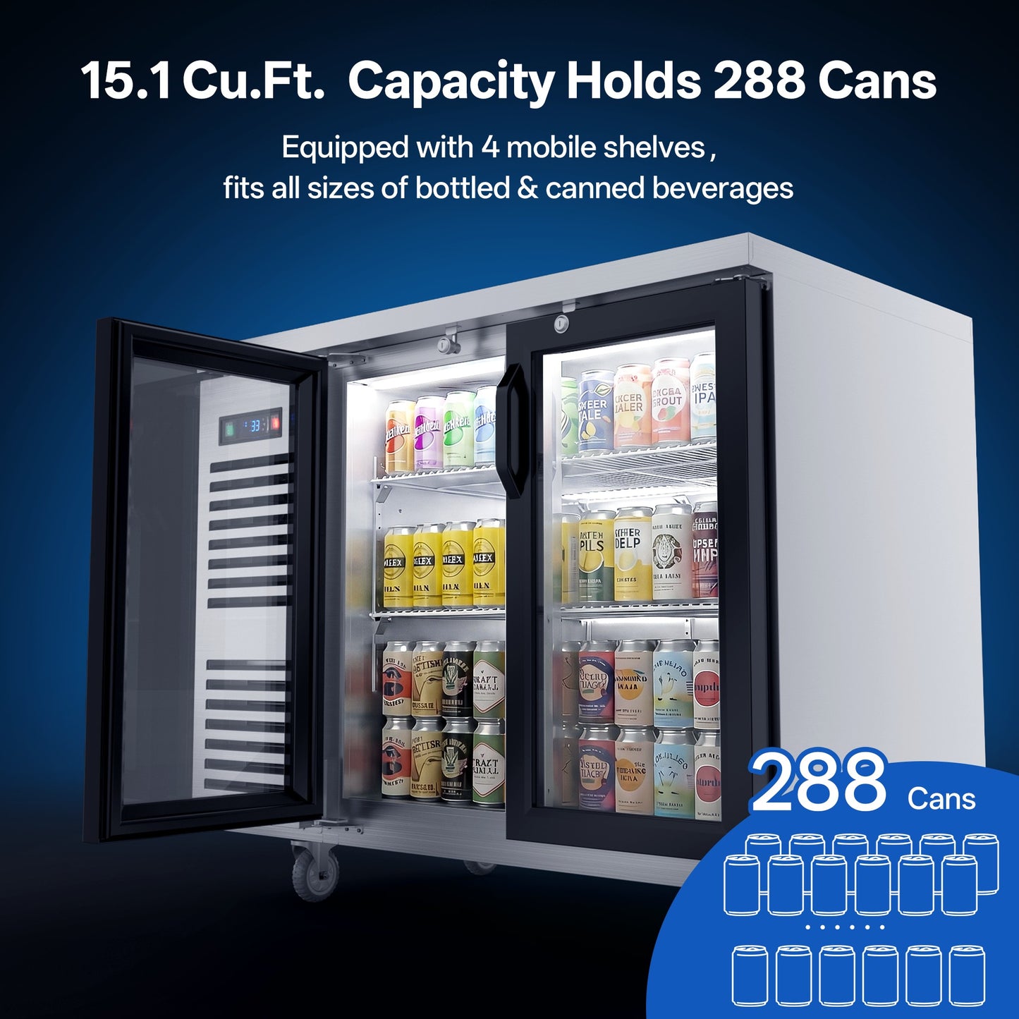 Coolski 48 in. W 15.1 cu. ft. Commercial Under Height Back Bar Cooler Refrigerator with Glass Door in Stainless Steel