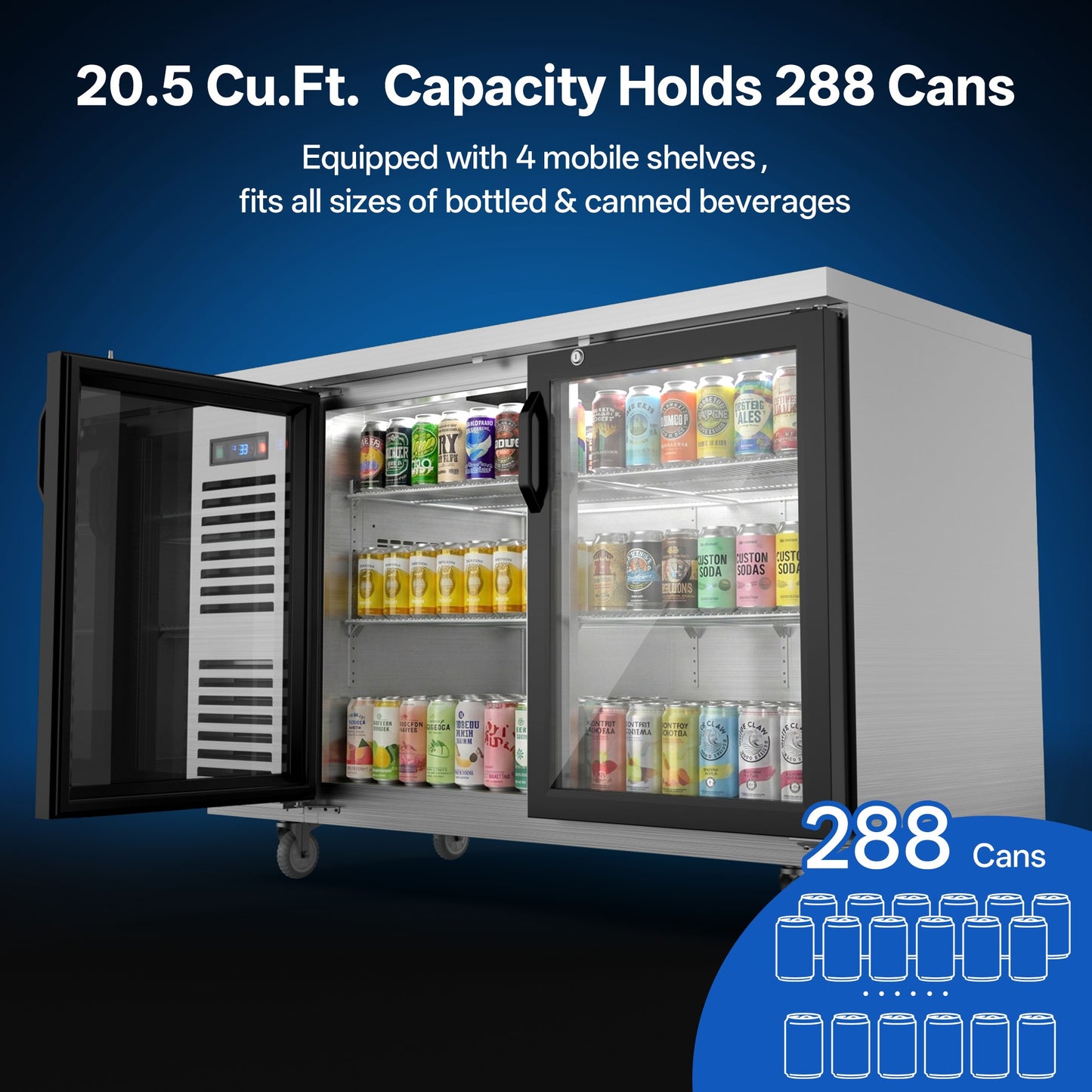 Coolski 60 in. W 20.5 cu. ft. Commercial Under Height Back Bar Cooler Refrigerator with Glass Door in Stainless Steel