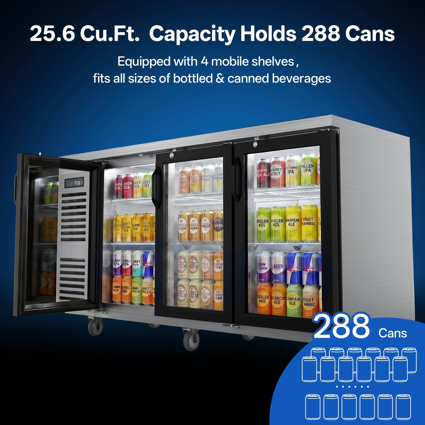 Coolski 72 in. W 25.6 cu. ft. Commercial Under Height Back Bar Cooler Refrigerator with Glass Door in Stainless Steel