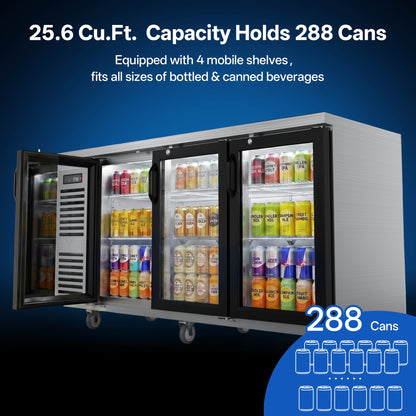 Coolski 72 in. W 25.6 cu. ft. Commercial Under Height Back Bar Cooler Refrigerator with Glass Door in Stainless Steel
