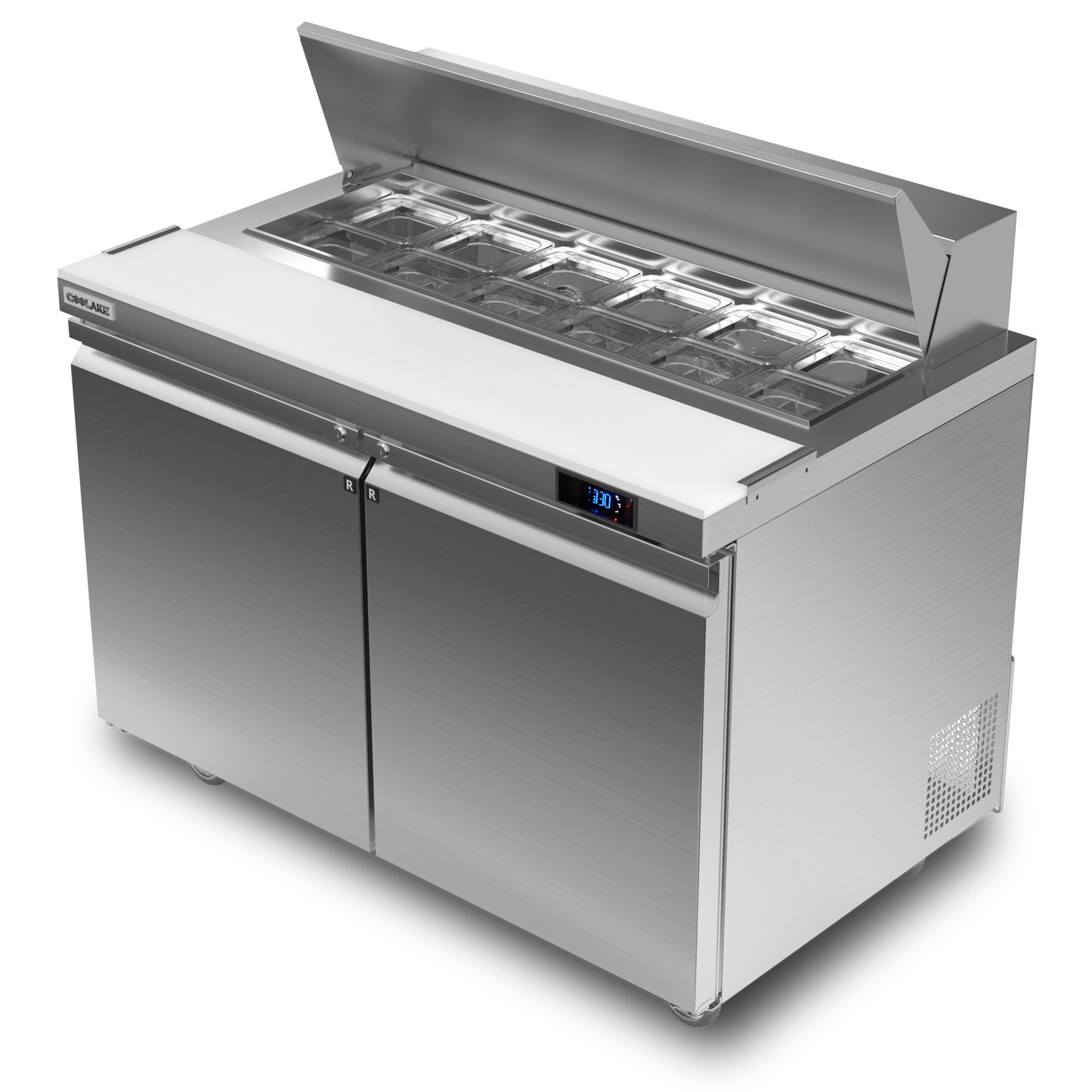 Coolake 48''W 2 Door Commercial Salad Sandwich Prep Table Refrigerator, Stainless Steel 13.5 Cu.ft Counter Fan Cooling Refrigerator with 12 Pans
