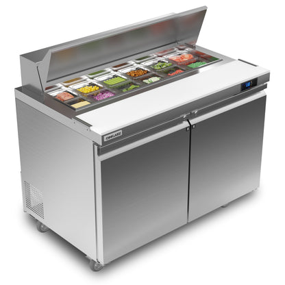 Coolake 48''W 2 Door Commercial Salad Sandwich Prep Table Refrigerator, Stainless Steel 13.5 Cu.ft Counter Fan Cooling Refrigerator with 12 Pans