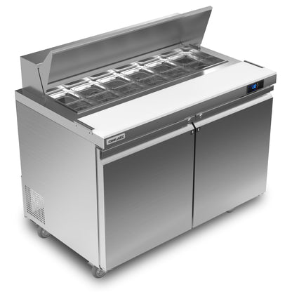 Coolake 48''W 2 Door Commercial Salad Sandwich Prep Table Refrigerator, Stainless Steel 13.5 Cu.ft Counter Fan Cooling Refrigerator with 12 Pans
