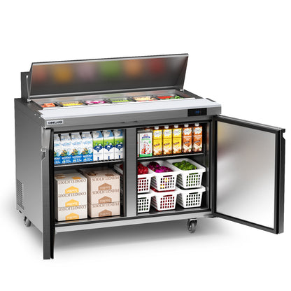 Coolake 48''W 2 Door Commercial Salad Sandwich Prep Table Refrigerator, Stainless Steel 13.5 Cu.ft Counter Fan Cooling Refrigerator with 12 Pans