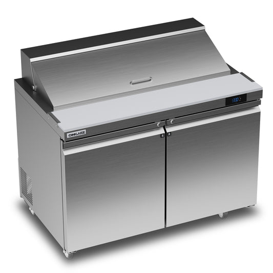 Coolake 48''W 2 Door Commercial Salad Sandwich Prep Table Refrigerator, Stainless Steel 13.5 Cu.ft Counter Fan Cooling Refrigerator with 12 Pans