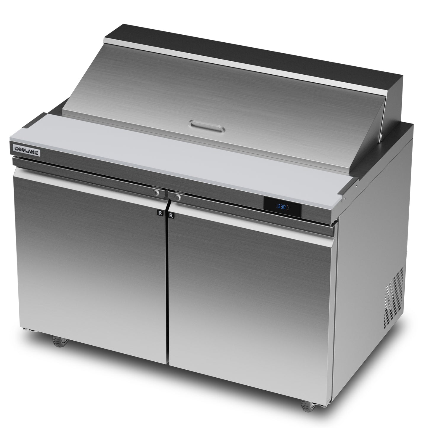 Coolake 48''W 2 Door Commercial Salad Sandwich Prep Table Refrigerator, Stainless Steel 13.5 Cu.ft Counter Fan Cooling Refrigerator with 12 Pans