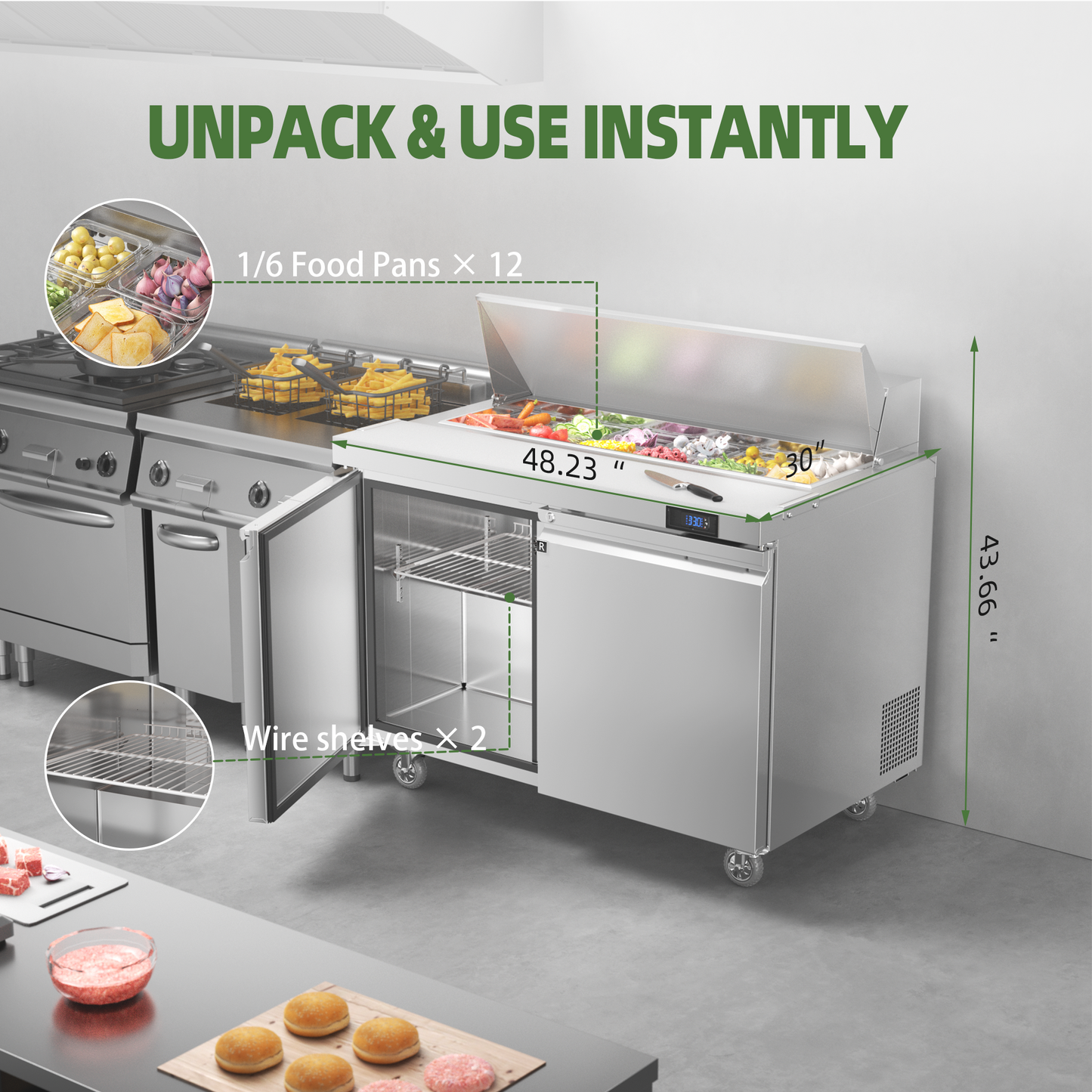 Coolake 48''W 2 Door Commercial Salad Sandwich Prep Table Refrigerator, Stainless Steel 13.5 Cu.ft Counter Fan Cooling Refrigerator with 12 Pans