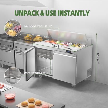 Coolake 48''W 2 Door Commercial Salad Sandwich Prep Table Refrigerator, Stainless Steel 13.5 Cu.ft Counter Fan Cooling Refrigerator with 12 Pans