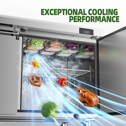 Coolake 48''W 2 Door Commercial Salad Sandwich Prep Table Refrigerator, Stainless Steel 13.5 Cu.ft Counter Fan Cooling Refrigerator with 12 Pans