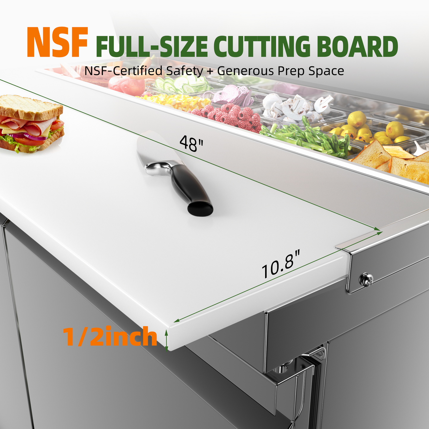 Coolake 48''W 2 Door Commercial Salad Sandwich Prep Table Refrigerator, Stainless Steel 13.5 Cu.ft Counter Fan Cooling Refrigerator with 12 Pans