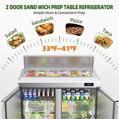 Coolake 48''W 2 Door Commercial Salad Sandwich Prep Table Refrigerator, Stainless Steel 13.5 Cu.ft Counter Fan Cooling Refrigerator with 12 Pans