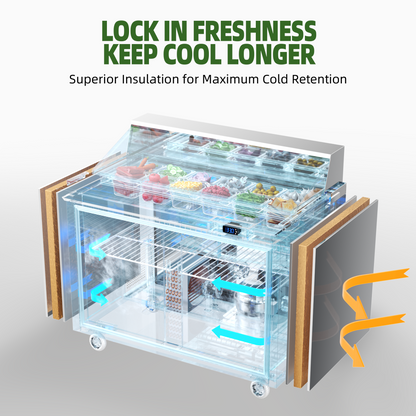 Coolake 48''W 2 Door Commercial Salad Sandwich Prep Table Refrigerator, Stainless Steel 13.5 Cu.ft Counter Fan Cooling Refrigerator with 12 Pans