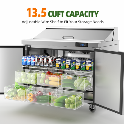 Coolake 48''W 2 Door Commercial Salad Sandwich Prep Table Refrigerator, Stainless Steel 13.5 Cu.ft Counter Fan Cooling Refrigerator with 12 Pans