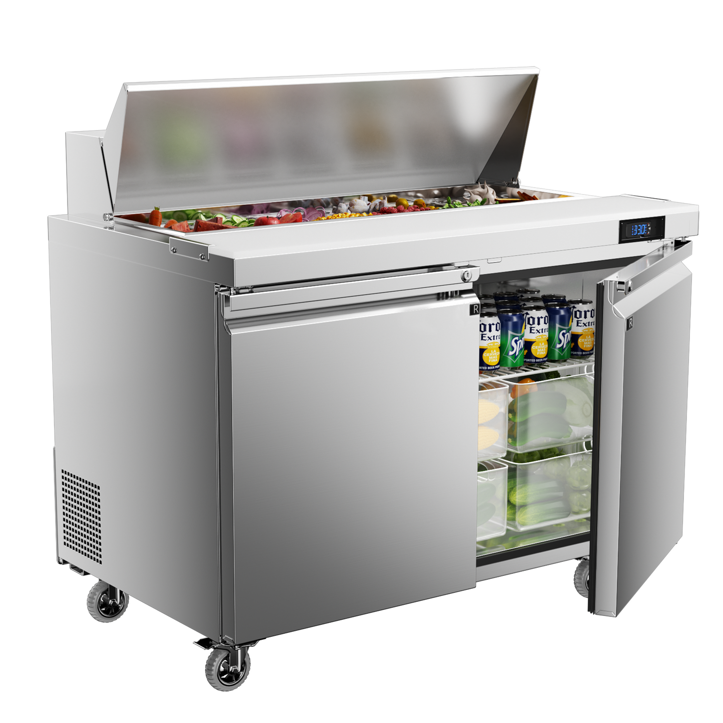 Coolake 48''W 2 Door Commercial Salad Sandwich Prep Table Refrigerator, Stainless Steel 13.5 Cu.ft Counter Fan Cooling Refrigerator with 12 Pans