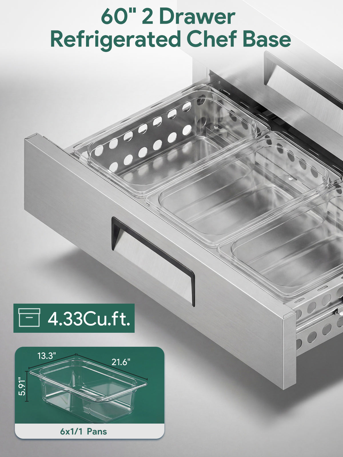 Coolski 60 in. 4.33 cu. ft. Commercial Chef Base Refrigerator with 2 Drawers in Stainless Steel