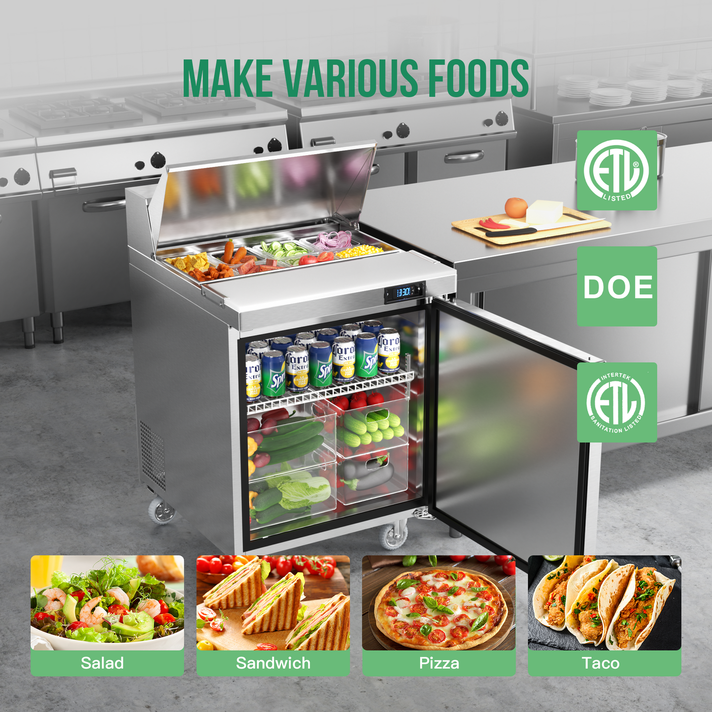 Coolake 27'' W Commercial Refrigerator Sandwich Salad Prep Table, 1 Door Sandwich Fridge with 8 GN 1/6 Pans
