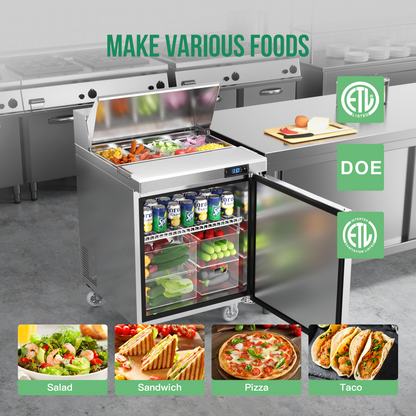 Coolake 27'' W Commercial Refrigerator Sandwich Salad Prep Table, 1 Door Sandwich Fridge with 8 GN 1/6 Pans