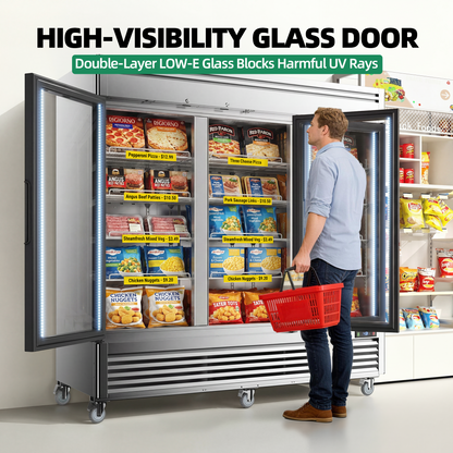 Coolski 82 in. 78.2 cu. ft. Auto / Cycle Defrost 3-Glass Door Commercial Reach In Display Upright Freezer in Stainless Steel