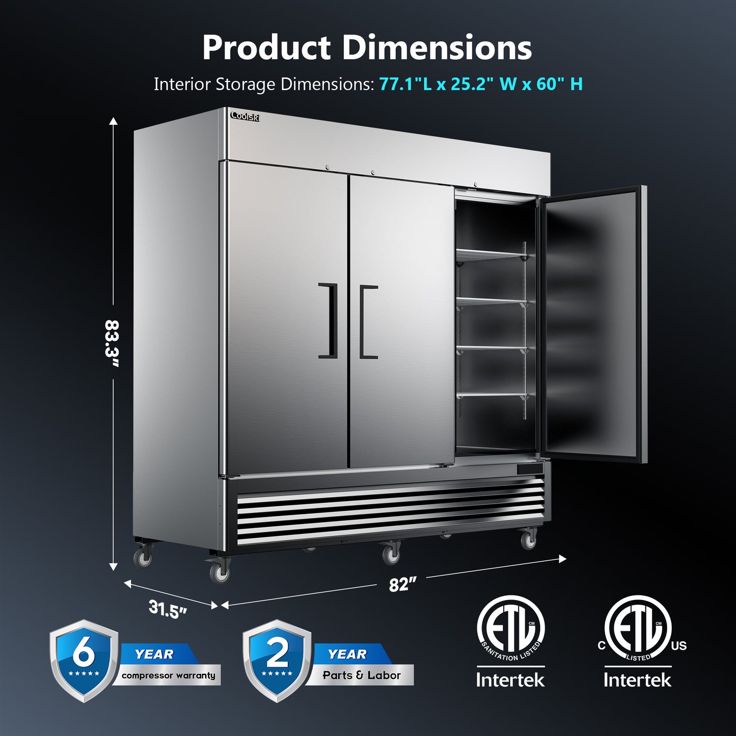 Coolski 82'' Commercial Freezer 3 Doors, Reach-In Upright Freezer for Restaurants Garages, -13 to -5℉ Temp Control Auto Defrost ETL NSF Approved