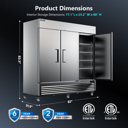 Coolski 82'' Commercial Freezer 3 Doors, Reach-In Upright Freezer for Restaurants Garages, -13 to -5℉ Temp Control Auto Defrost ETL NSF Approved