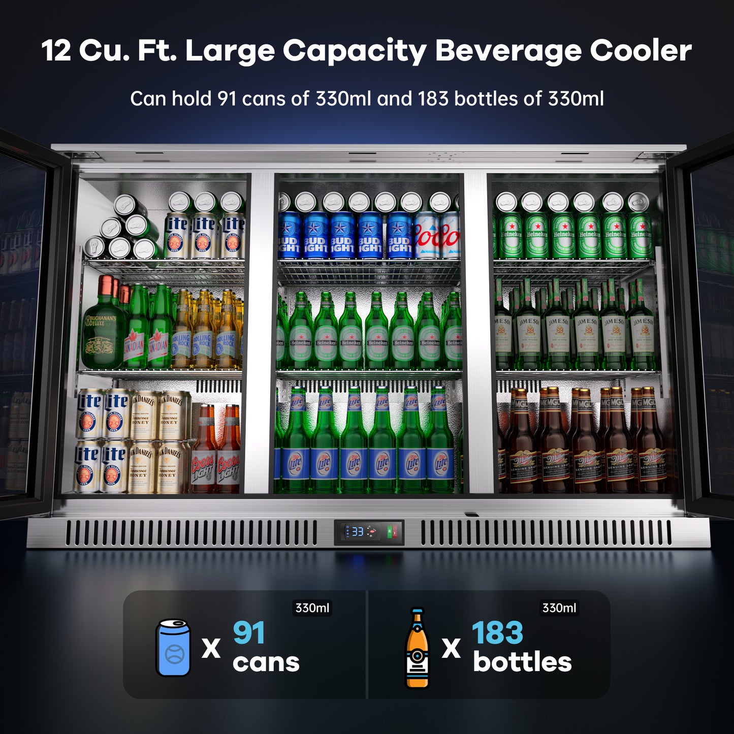 Coolski Beverage Refrigerator with 3 Doors, Commercial Back Bar Cooler for Beer Soda Wine