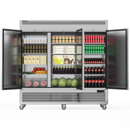 Coolski 82" W Commercial Refrigerator, 72 Cu.ft Three Solid Door Stainless Steel Reach-in Refrigerator