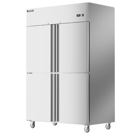 Coolski Commercial 4 Half Door Reach-In Refrigerator, 36 Cu.ft Solid Door Upright Fridge, 48" W Stainless Steel Industrial Cooler with 6 Adjustable Shelves, Auto-Defrost, Fan Cooling