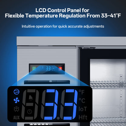 Coolski 48 in. W 15.1 cu. ft. Commercial Under Height Back Bar Cooler Refrigerator with Glass Door in Stainless Steel