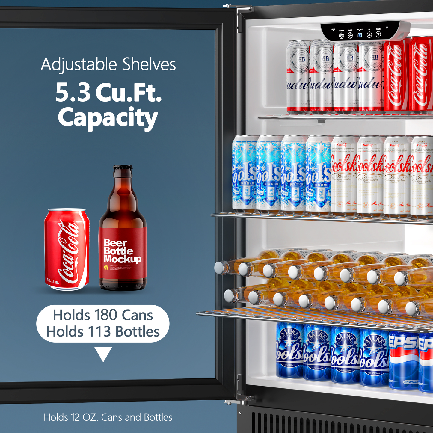 Coolski 24” 180 Cans(12 Oz.) Under Counter Built-In / Freestanding Beverage Refrigerator with Glass Door