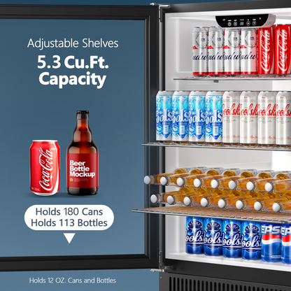 Coolski 24” 180 Cans(12 Oz.) Under Counter Built-In / Freestanding Beverage Refrigerator with Glass Door