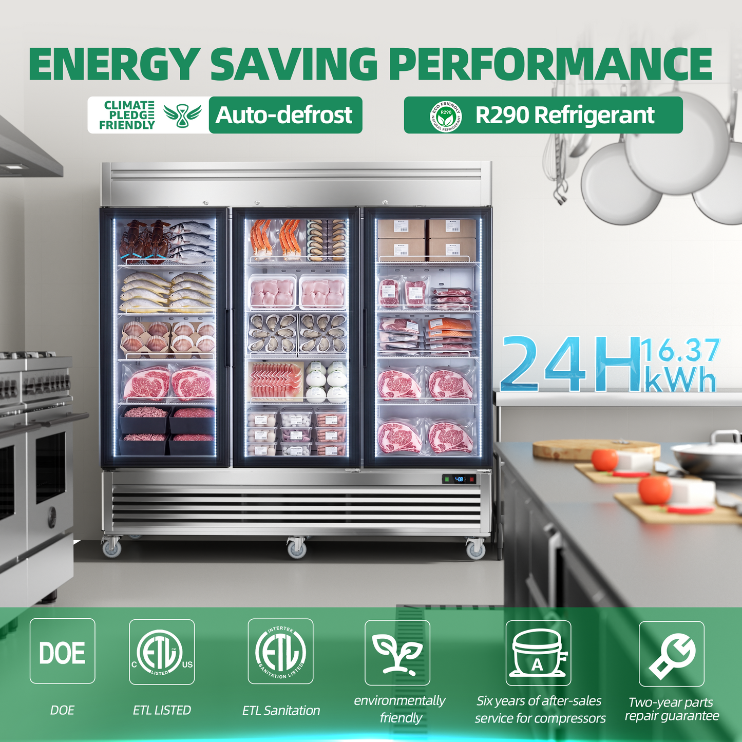 Coolski 82 in. 78.2 cu. ft. Auto / Cycle Defrost 3-Glass Door Commercial Reach In Display Upright Freezer in Stainless Steel