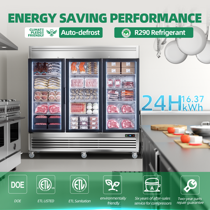 Coolski 82 in. 78.2 cu. ft. Auto / Cycle Defrost 3-Glass Door Commercial Reach In Display Upright Freezer in Stainless Steel