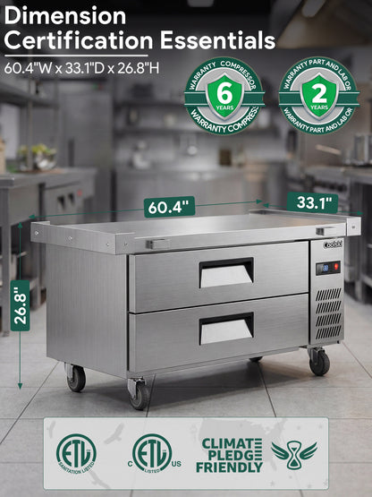 Coolski 60 in. 4.33 cu. ft. Commercial Chef Base Refrigerator with 2 Drawers in Stainless Steel