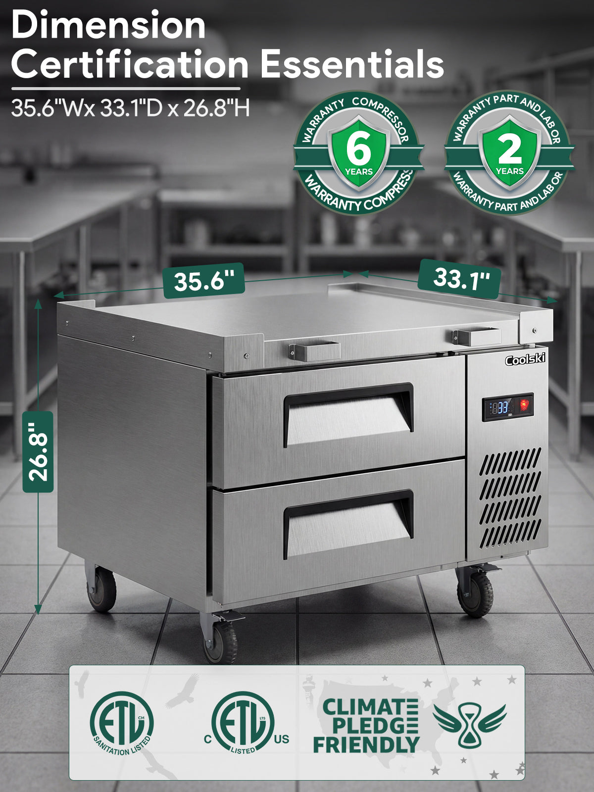 Coolski 36 in. 1.96 cu. ft. Commercial Chef Base Refrigerator with 2 Drawers in Stainless Steel