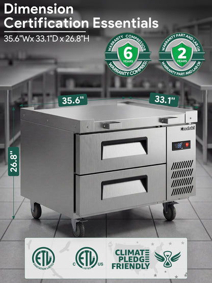 Coolski 36 in. 1.96 cu. ft. Commercial Chef Base Refrigerator with 2 Drawers in Stainless Steel