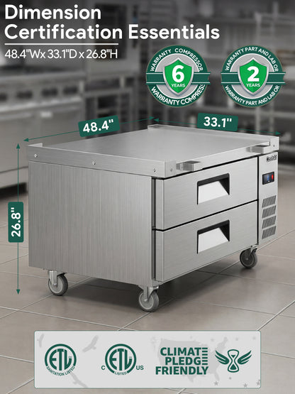Coolski 48 in. 3.45 cu. ft. Commercial Chef Base Refrigerator with 2 Drawers in Stainless Steel