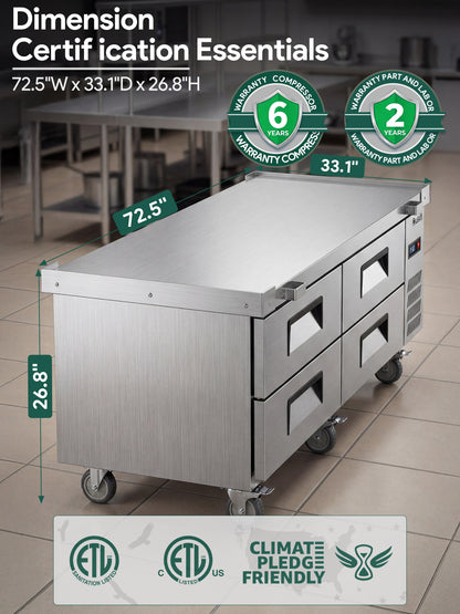 Coolski 72 in. 5.71 cu. ft. Commercial Chef Base Refrigerator with 4 Drawers in Stainless Steel