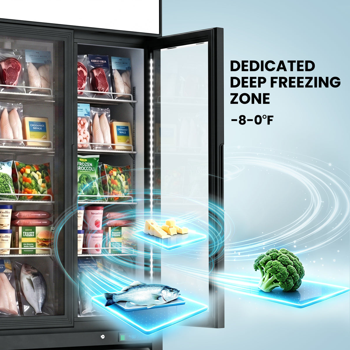 Coolski 40’’ W Commercial Display Freezer, 35 cu.ft Upright Merchandiser Freezer for Supermarket, Restaurant, Cafe, Bar, Top Customizable Light Box, Automatic Defrost, ETL&DOE Certified