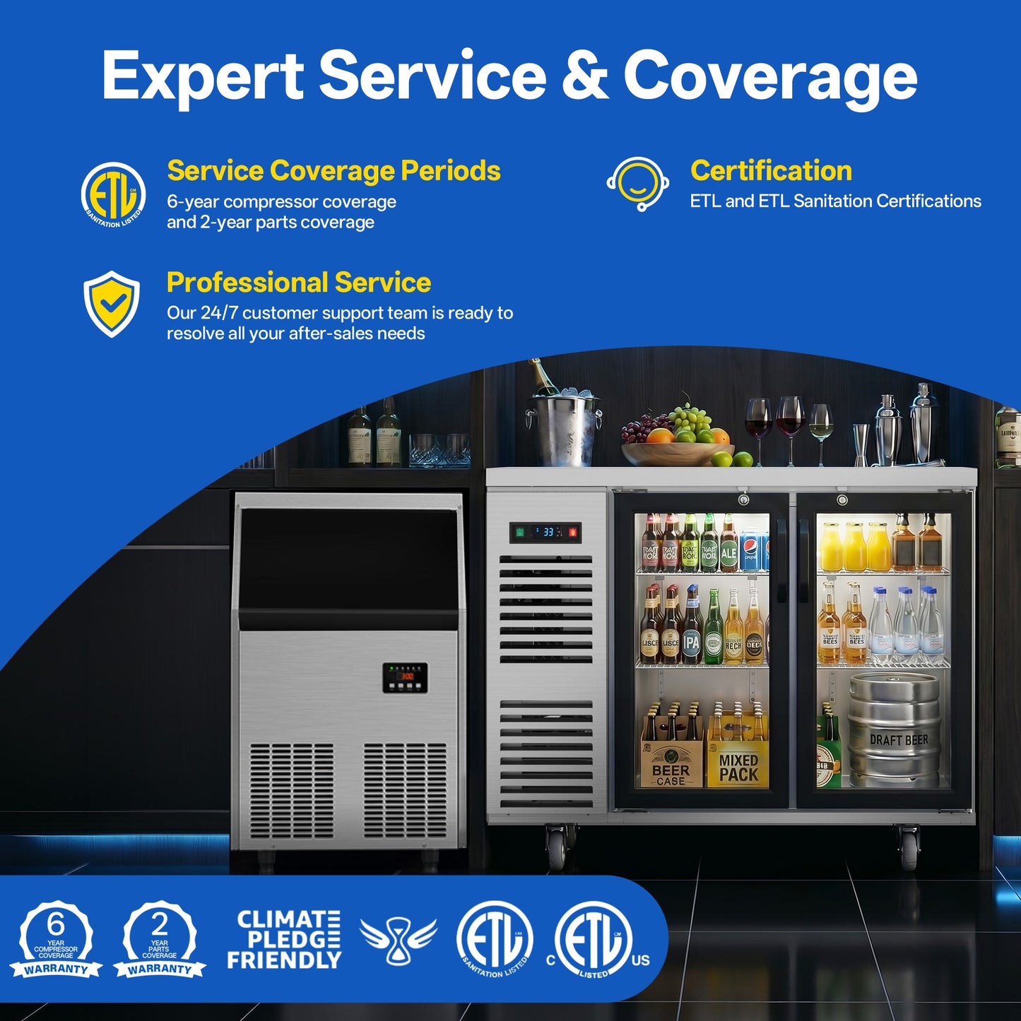 Coolski 48 in. W 15.1 cu. ft. Commercial Under Height Back Bar Cooler Refrigerator with Glass Door in Stainless Steel
