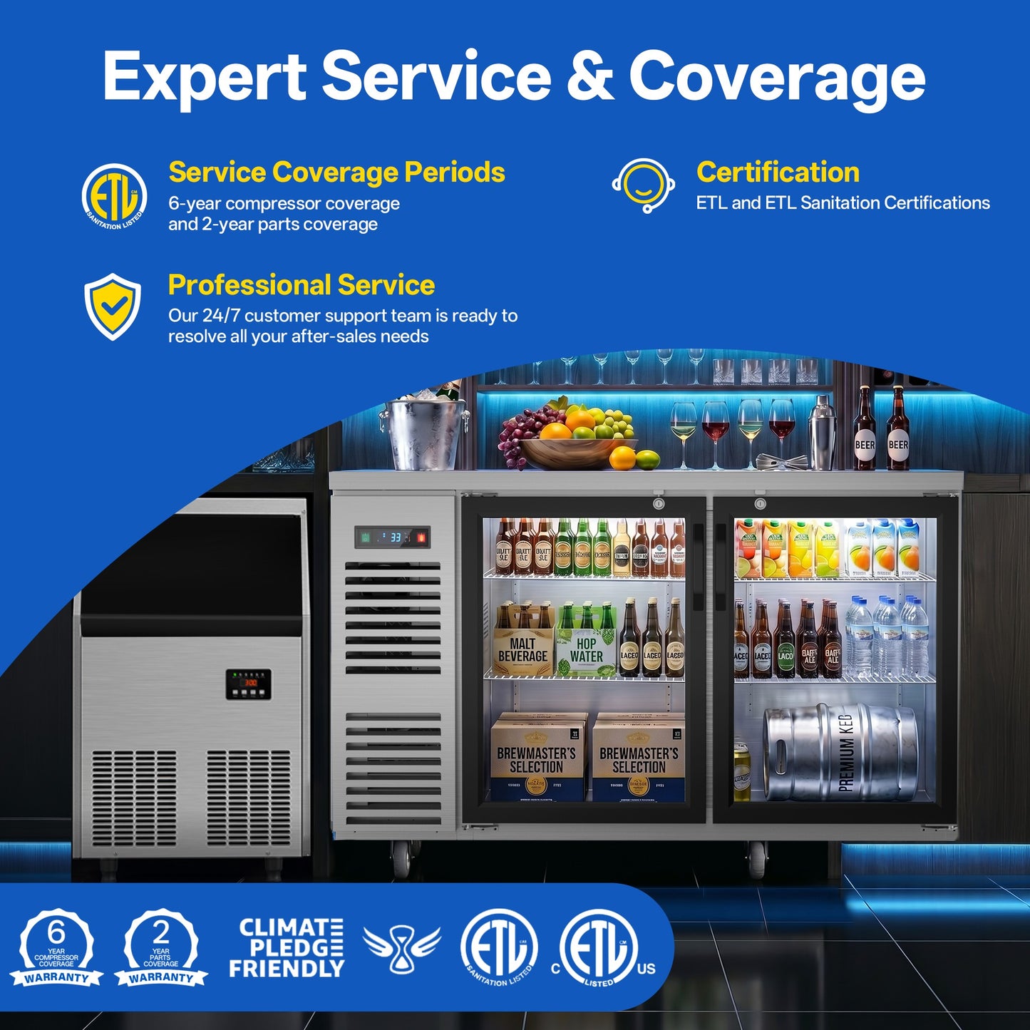 Coolski 60 in. W 20.5 cu. ft. Commercial Under Height Back Bar Cooler Refrigerator with Glass Door in Stainless Steel