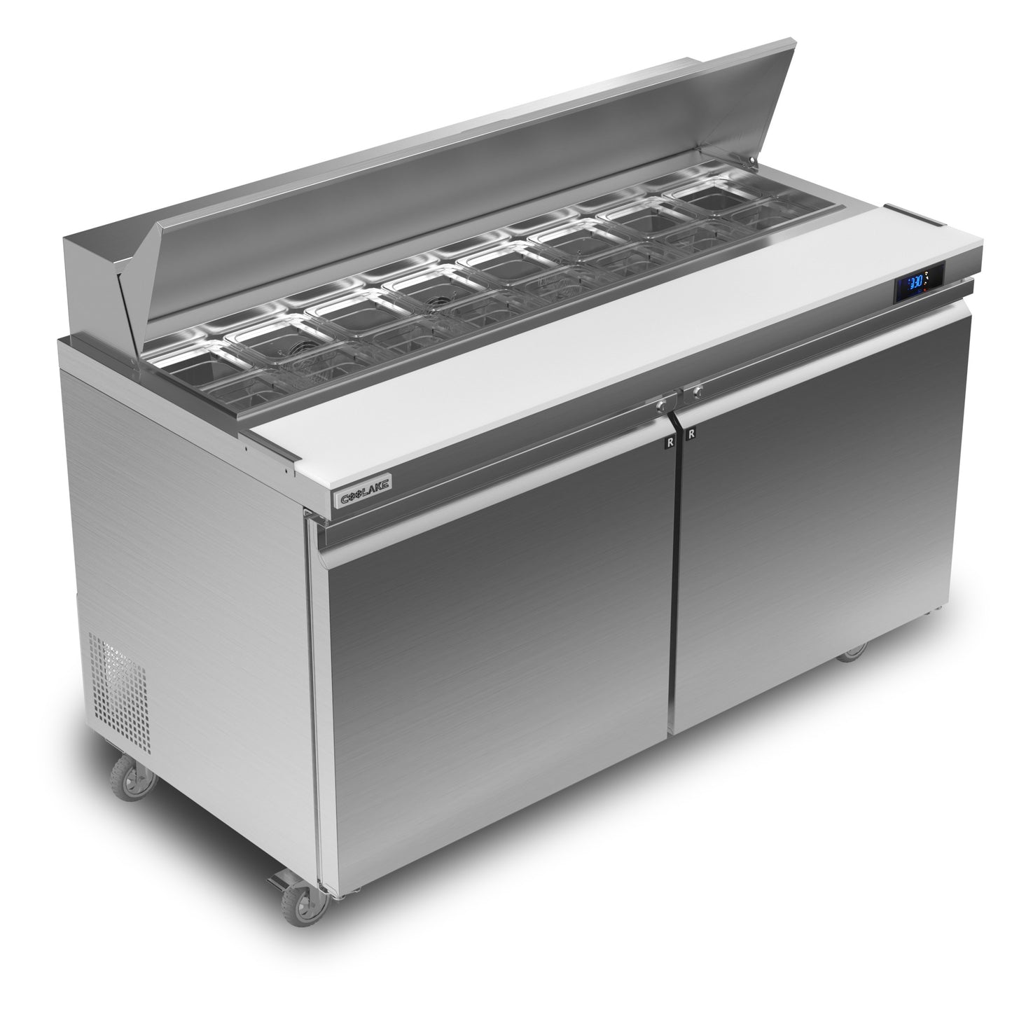 Coolake 60'' W Commercial Refrigerator Sandwich Salad Prep Table, 2 Door Sandwich Fridge with 16 GN 1/6 Pans