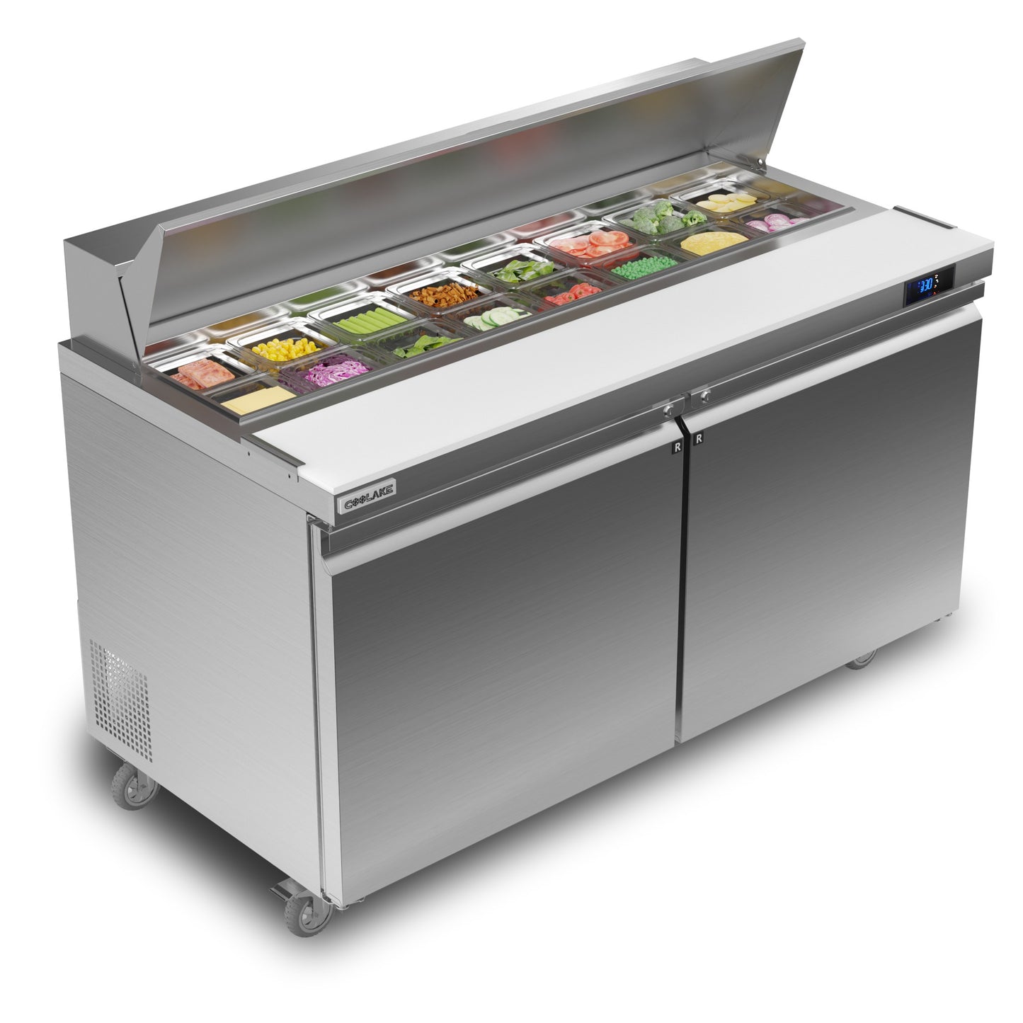 Coolake 60'' W Commercial Refrigerator Sandwich Salad Prep Table, 2 Door Sandwich Fridge with 16 GN 1/6 Pans